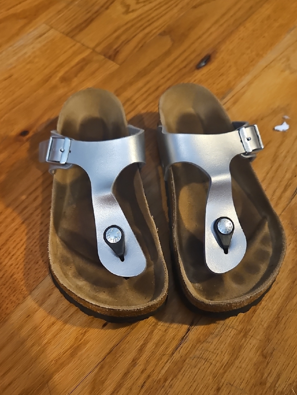 Birkenstock Kids Metallic Silver T-Strap Sandals